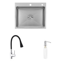 Комплект кухонная мойка Kroner Gebürstet-6050HM + смеситель Küche-C031BLK + дозатор Spender-016