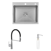 Комплект кухонна мийка Kroner Gebürstet-6050HM + змішувач Ersel-C03111BLK + дозатор Spender-016
