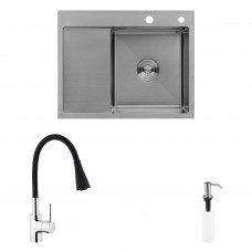 Комплект кухонная мойка Kroner Gebürstet-6350RHM + смеситель Küche-C031BLK + дозатор Spender-ECG049
