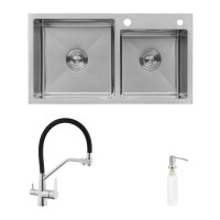 Комплект кухонная мойка Kroner Gebürstet-7843ZHM + смеситель Edelstahl Klassisch-ESG03817BLK + дозатор Spender-016