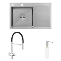 Комплект кухонная мойка Kroner Gebürstet-7849LHM + смеситель Edelstahl Klassisch-ESG03815BLK + дозатор Spender-016