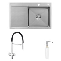 Комплект кухонная мойка Kroner Gebürstet-7849RHM + смеситель Edelstahl Klassisch-ESG03815BLK + дозатор Spender-016