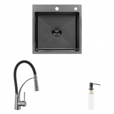 Комплект кухонна мийка Kroner Schwarze-5050HM PVD + змішувач Ersel-GRP03393BLK + дозатор Spender-026