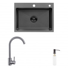 Комплект кухонна мийка Kroner Schwarze-5843HM PVD + змішувач Edelstahl Klassisch-SCH035PVD + дозатор Spender-026