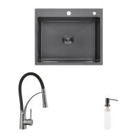 Комплект кухонна мийка Kroner Schwarze-6050HM PVD + змішувач Ersel-GRP03393BLK + дозатор Spender-026