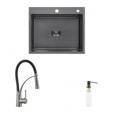 Комплект кухонна мийка Kroner Schwarze-6050HM PVD + змішувач Ersel-GRP03393BLK + дозатор Spender-026