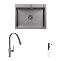 Комплект кухонная мойка Kroner Schwarze-6350HM PVD + смеситель Makon-GRP030-T + дозатор Spender-SCH049