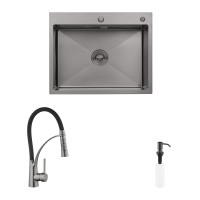 Комплект кухонна мийка Kroner Schwarze-6350HM PVD + змішувач Ersel-GRP03393BLK + дозатор Spender-SCH049