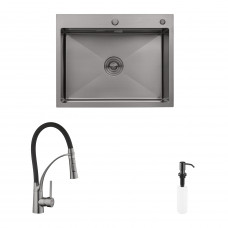 Комплект кухонная мойка Kroner Schwarze-6350HM PVD + смеситель Ersel-GRP03393BLK + дозатор Spender-SCH049