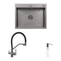 Комплект кухонна мийка Kroner Schwarze-6350HM PVD + змішувач Edelstahl Klassisch-PVD03817BLK + дозатор Spender-026