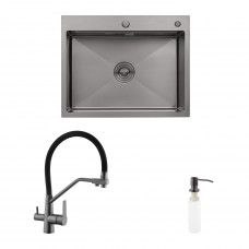 Комплект кухонна мийка Kroner Schwarze-6350HM PVD + змішувач Edelstahl Klassisch-PVD03817BLK + дозатор Spender-026
