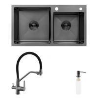 Комплект кухонна мийка Kroner Schwarze-7843ZHM PVD + змішувач Edelstahl Klassisch-PVD03817BLK + дозатор Spender-026