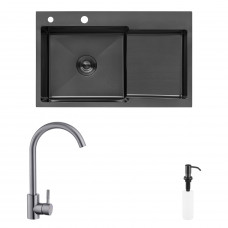 Комплект кухонная мойка Kroner Schwarze-7848LHM PVD + смеситель Edelstahl Klassisch-SCH035PVD + дозатор Spender-SCH049