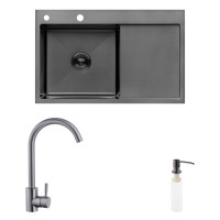 Комплект кухонная мойка Kroner Schwarze-7849LHM PVD + смеситель Edelstahl Klassisch-SCH035PVD + дозатор Spender-026