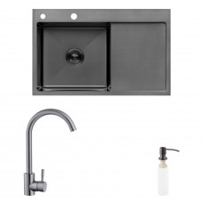 Комплект кухонна мийка Kroner Schwarze-7849LHM PVD + змішувач Edelstahl Klassisch-SCH035PVD + дозатор Spender-026