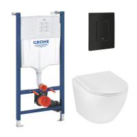 Комплект 4 в 1: Инсталляция Grohe Solido 2 в 1 38971000 + Панель смыва для унитаза Grohe Even 389662430 + Унитаз подвесной безобедочный Kroner Harz WHI493736 RIMLESS с сидением Slim Duroplast /Soft (38971966243KH49R)