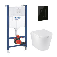 Комплект 4 в 1: Инсталляция Grohe Solido 2 в 1 38971000 + Панель смыва для унитаза Even Black 38966KV0 + Унитаз подвесной безобедочный Kroner Armada WHI513636 RIMLESS с сиденьем Slim Duroplast /Soft (38971966KV0KA51R)
