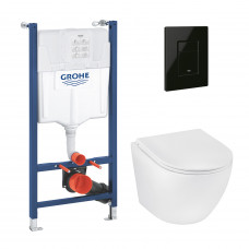 Комплект 4 в 1: Инсталляция Grohe Solido 2 в 1 38971000 + Панель смыва для унитаза Grohe Even Black 38966KV0 + Унитаз безободочный Kroner Harz WHI493736 RIMLESS с сиденьем Slim Duroplast / Soft-close (38971966KV0KH49R)