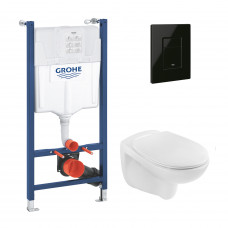 Комплект 4 в 1: Инсталляция Grohe Solido 2 в 1 38971000 + Панель смыва для унитаза Grohe Even Black 38966KV0 + Унитаз безободочный Kroner Oker WHI533536 RIMLESS с сиденьем Slim Duroplast / Soft-close6 (38971966KV0KO53R)