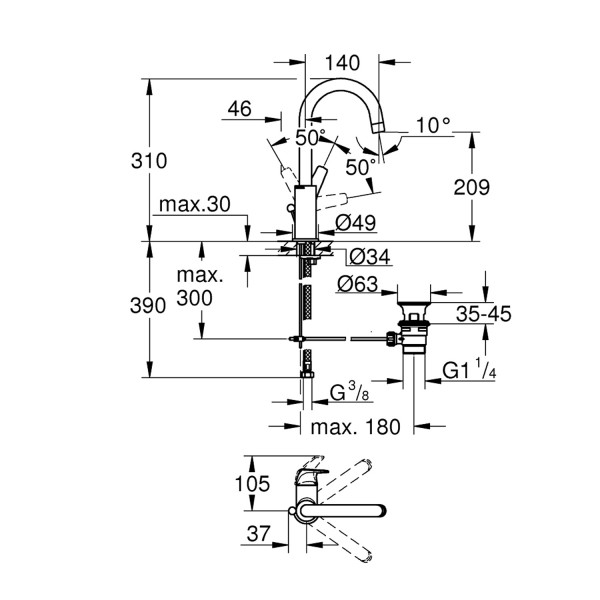 Смеситель для раковины Grohe Start Flow L-Size 23811000 с донным клапаном