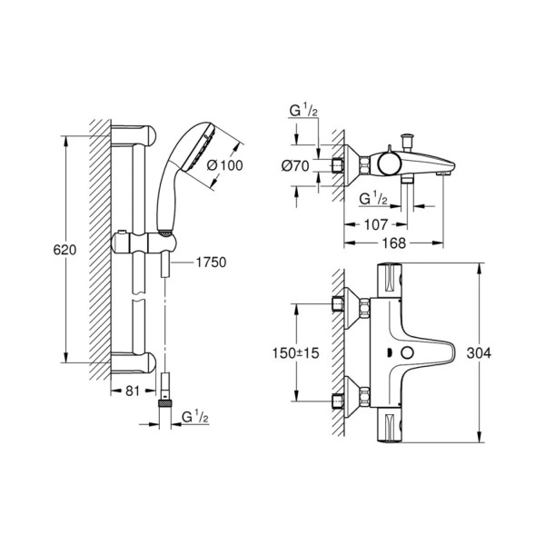Смеситель для ванны Grohe Grohtherm 800 34567000 с душевым гарнитуром 27948001 (34567001)