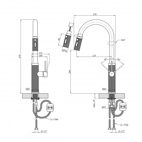 Смеситель для кухни Kroner KRP Edelstahl Berg - GRP030-T