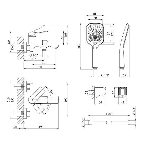 Набор смесителей Kroner Makon-C060 + смеситель Makon-C030-T+ смеситель Makon-C010