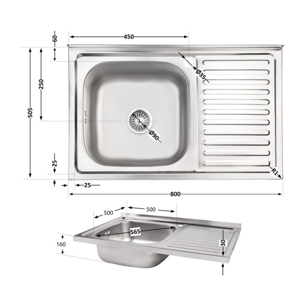 Кухонная мойка Brinex 5080-L 0,6 мм Satin (BRIN5080LSAT06)