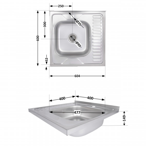 Кухонная мойка Brinex 6060-L 0,6 мм Satin (BRIN6060LSAT06)