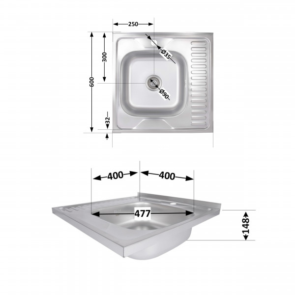 Кухонная мойка Brinex 6060-R 0,6 мм Satin (BRIN6060RSAT06)
