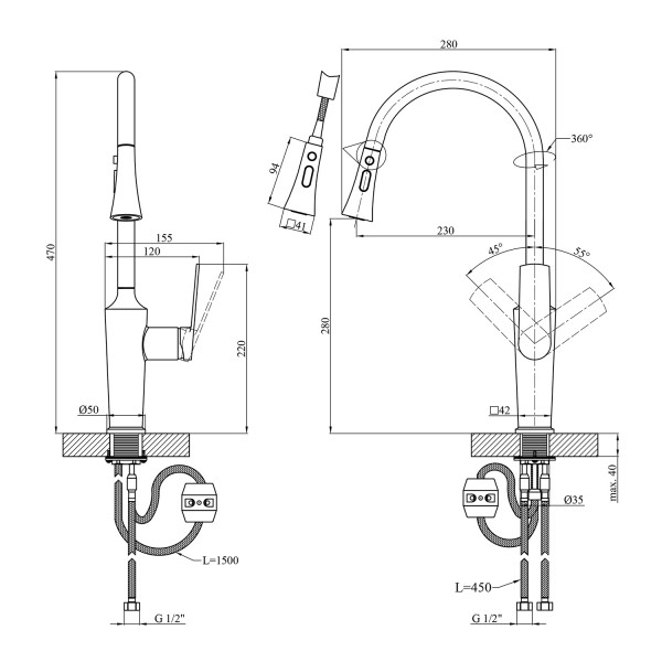 Комплект кухонная мойка Kroner Schwarze-6350HM PVD + смеситель Makon-GRP030-T + дозатор Spender-SCH049