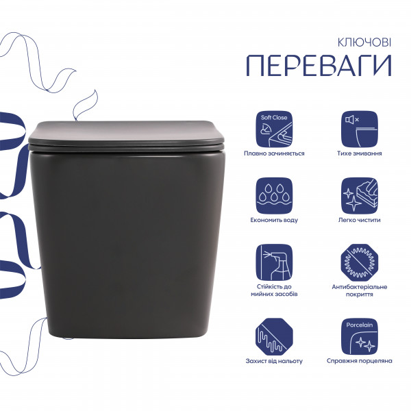 Унитаз подвесной Tern Ultra Quiet 490×365×325 мм, Anthracite, с сиденьем Slim Duroplast / Soft-close / Quick Release QT17332303ASAN Qtap