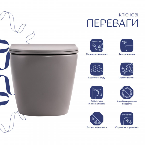 Унитаз подвесной Robin Ultra Quiet 490×365×325 мм, Stone Grey, с сиденьем Slim Duroplast / Soft-close / Quick Release QT13332381АSSG Qtap