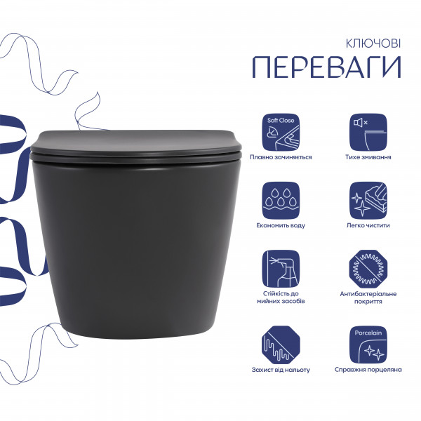 Унитаз подвесной Robin Ultra Quiet 490×365×325 мм, Anthracite, с сиденьем Slim Duroplast / Soft-close / Quick Release QT13332381АSAN Qtap