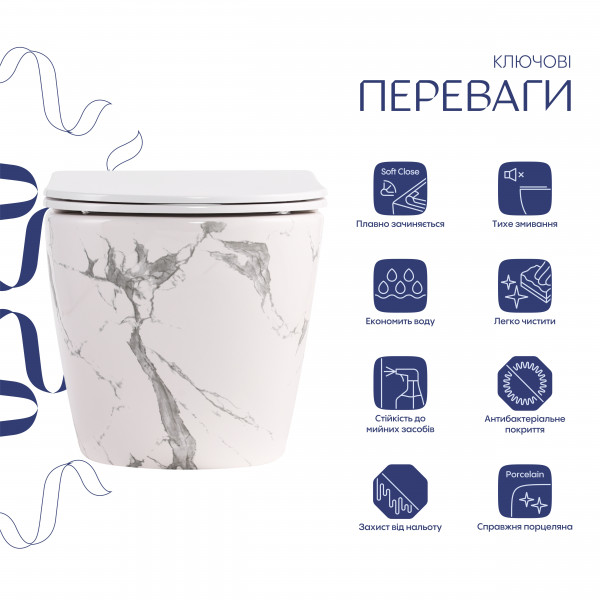 Унитаз подвесной Robin Ultra Quiet 490×365×325 мм, Marble, с сиденьем Slim Duroplast / Soft-close / Quick Release QT13332381АSMR Qtap