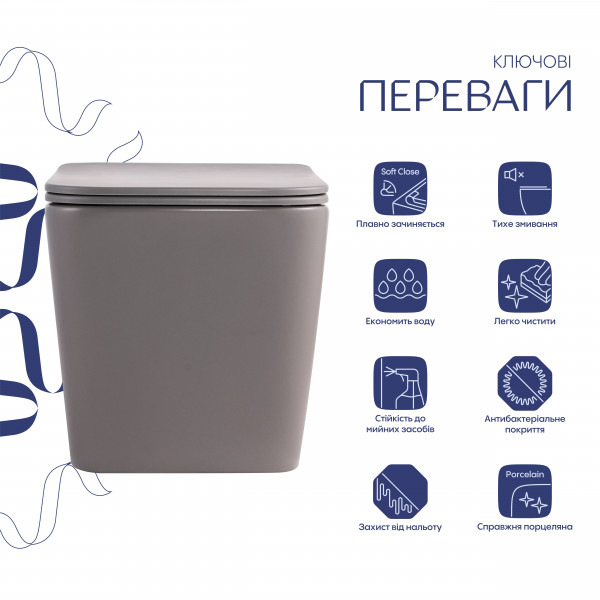 Унитаз подвесной Tern Ultra Quiet 490×365×325 мм, Stone Grey, с сиденьем Slim Duroplast / Soft-close / Quick Release QT17332303ASSG Qtap