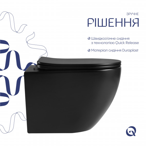 Унитаз подвесной Qtap Jay Ultra Quiet 485х360х320 мм, Matt Black, сиденьем Slim Duroplast/ Soft-close/ Quick Relase QT07335177MB