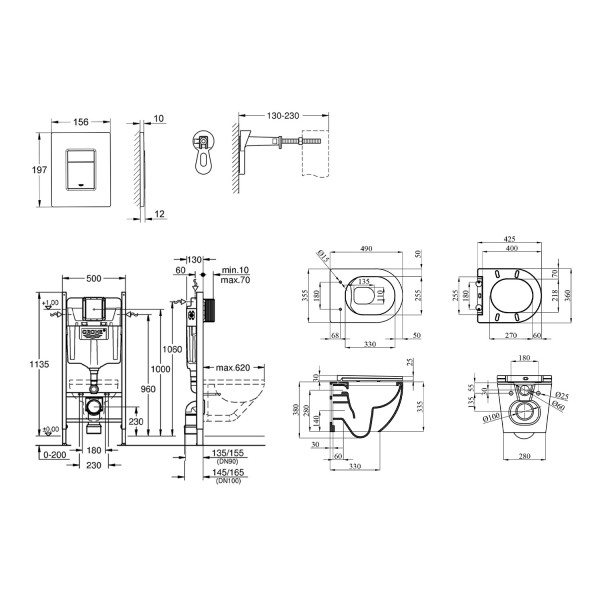 Комплект 4 в 1: Инсталляция GROHE Solido 3 в 1 3884966Q + Унитаз безободковый Kroner Harz WHI493736 RIMLESS с сиденьем Slim Duroplast / Soft-close / Quick relase KH493736WHIR (3884966KH493736)