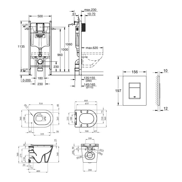 Комплект 4 в 1: Инсталляция Grohe Solido 2 в 1 38971000 + Панель смыва для унитаза Grohe Even 389662430 + Унитаз подвесной безобедочный Kroner Armada WHI513636 RIMLESS с сиденьем Slim Duroplast /Soft (38971966243KA51R)