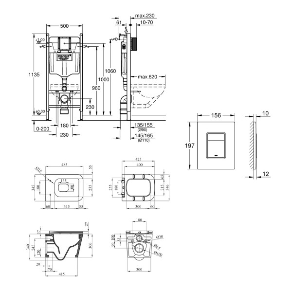 Комплект 4 в 1: Инсталляция Grohe Solido 2 в 1 38971000 + Панель смыва для унитаза Grohe Even 389662430 + Унитаз подвесной безобедочный Kroner Eifel WHI483429 TORNADO с сиденьем Slim Duroplast / Soft KE483429WHIT(38971966243KE48T)