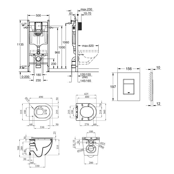 Комплект 4 в 1: Инсталляция Grohe Solido 2 в 1 38971000 + Панель смыва для унитаза Grohe Even 389662430 + Унитаз подвесной безобедочный Kroner Harz WHI493736 RIMLESS с сидением Slim Duroplast /Soft (38971966243KH49R)
