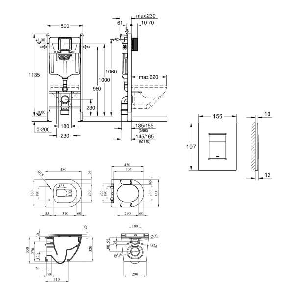 Комплект 4 в 1: Инсталляция Grohe Solido 2 в 1 38971000 + Панель смыва для унитаза Grohe Even Black 38966KV0 + Унитаз безобедочный Kroner Harz WHI483632 TORNADO с сиденьем Slim Duroplast / Soft-close2 (38971966KV0KH48T)