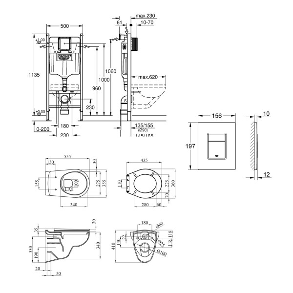 Комплект 4 в 1: Инсталляция Grohe Solido 2 в 1 38971000 + Панель смыва для унитаза Grohe Even Black 38966KV0 + Унитаз безободочный Kroner Oker WHI533536 RIMLESS с сиденьем Slim Duroplast / Soft-close6 (38971966KV0KO53R)