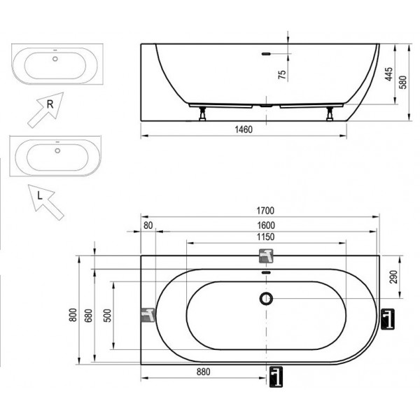 Ванна Ванна FREEDOM Corner L 1700x800 білосніжна/чорна сифон Click-Clack