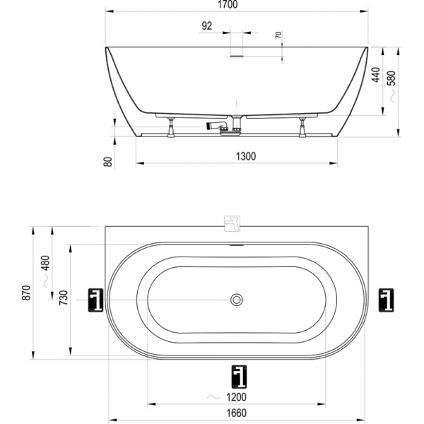 Ванна Ванна FREEDOM W TEC 1700x870 сніжно-біла/глибоководно-синя