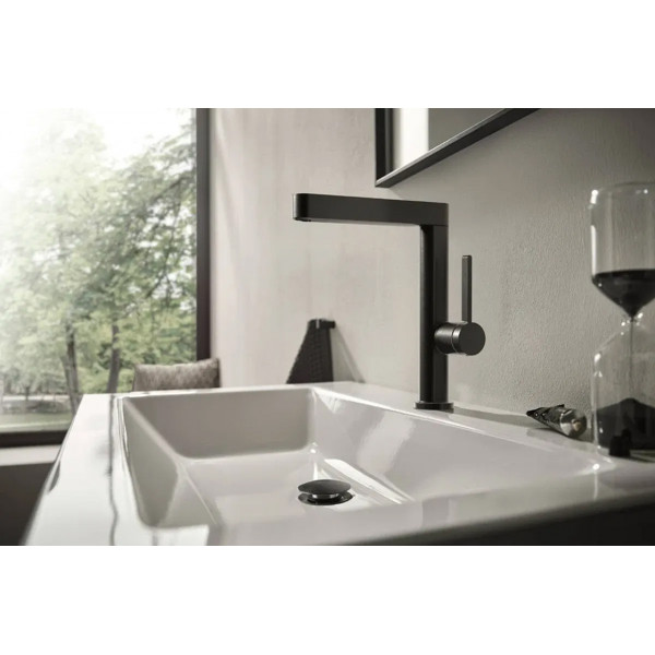 Смеситель для умывальника Hansgrohe Finoris 230 для умывальника с поворотным выдвижным изливом 2JET и донным клапаном push-open, черный хром (76063340)