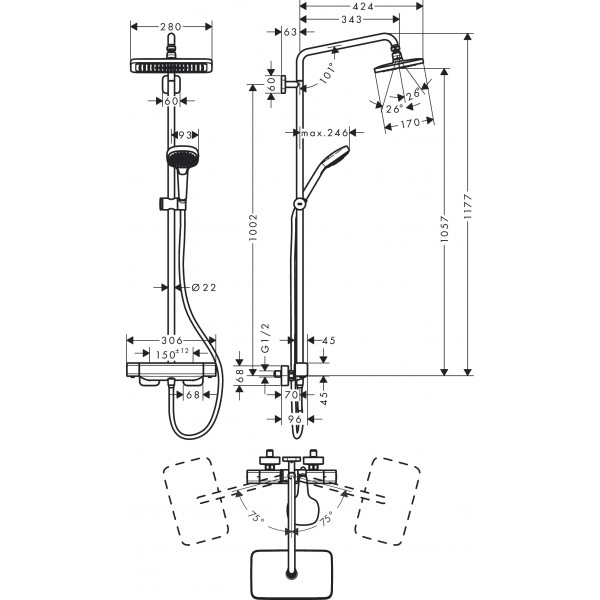 Душевая система Hansgrohe Croma E Showerpipe 280 1jet EcoSmart с термостатом, хром (27660000)