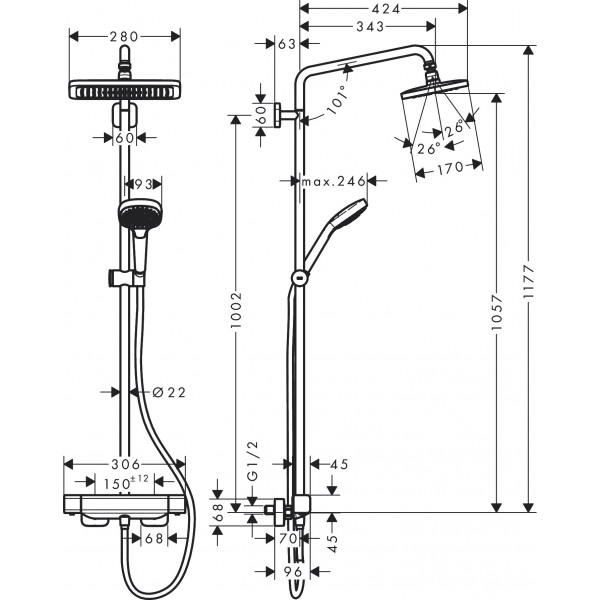 Душевая система Hansgrohe Croma E Showerpipe 280 1jet с термостатом, хром (27630000)