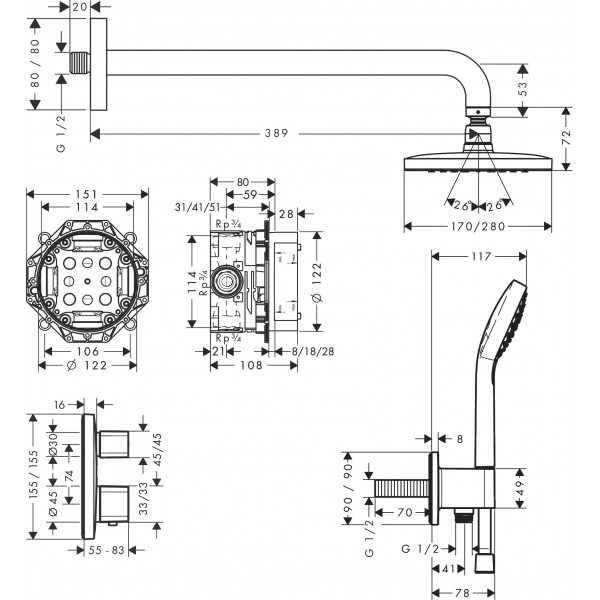 Душевая система Hansgrohe Душевой комплект Croma E 280 1jet Ecostat E 7в1 (27953000), хром (27953000)