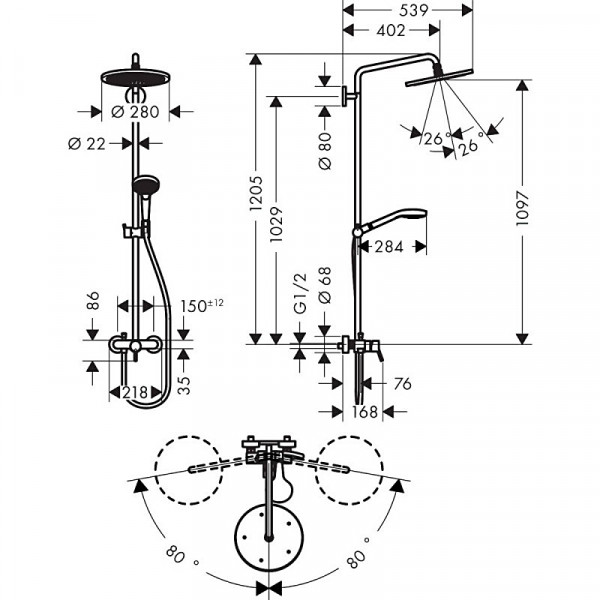 Душевая система Hansgrohe Croma Select S 280 RainAir 1jet Showerpipe со смесителем, хром (26791000)
